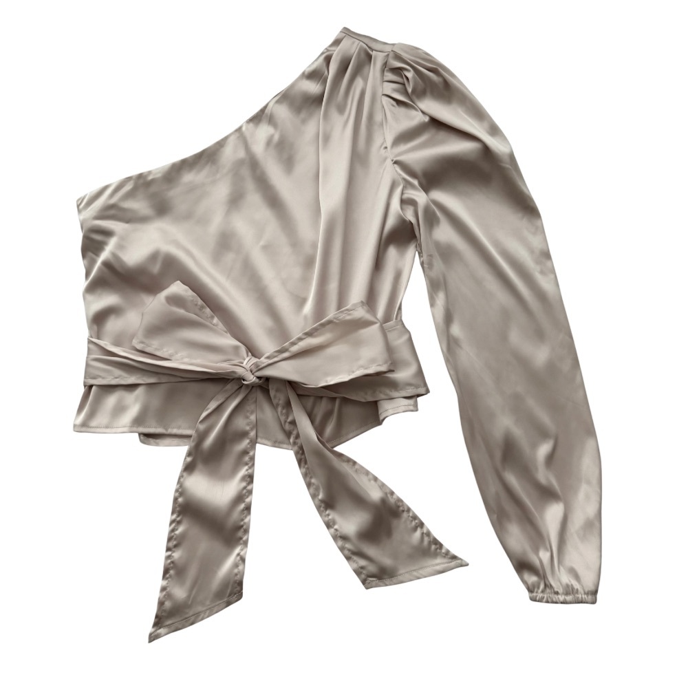 More to Come Elegant One-Shoulder Satin Blouse - Champagne Color Size S